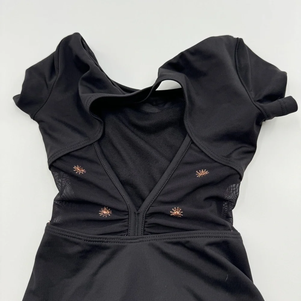 Bloch Kids Black Dance Leotard | Open Back Mesh Detail | Short Sleeve | Size 4–6